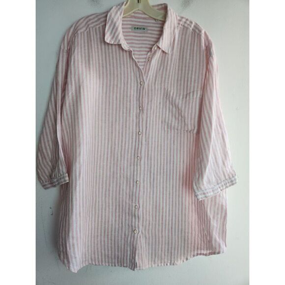 ORVIS Women Pink & White Stripped 100% Linen Button Down Shirt size Large - Picture 1 of 8